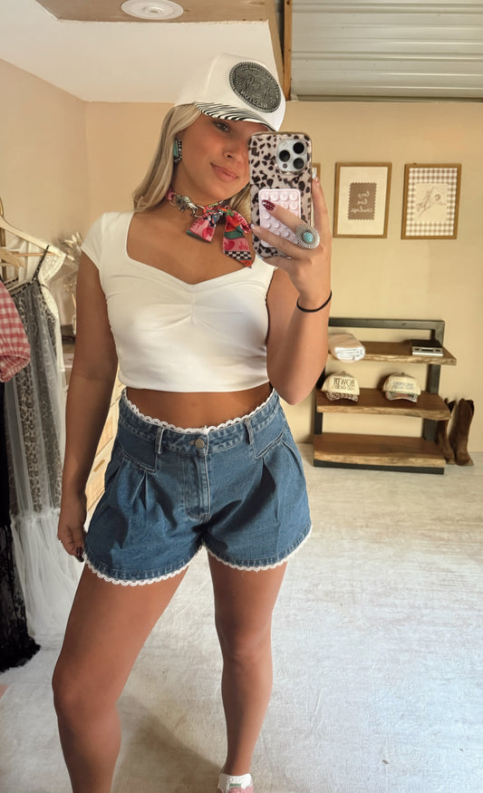 Denim + Lace Shorts